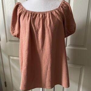 Linen top, elastic, split sleeves, blush pink/brown, Medium